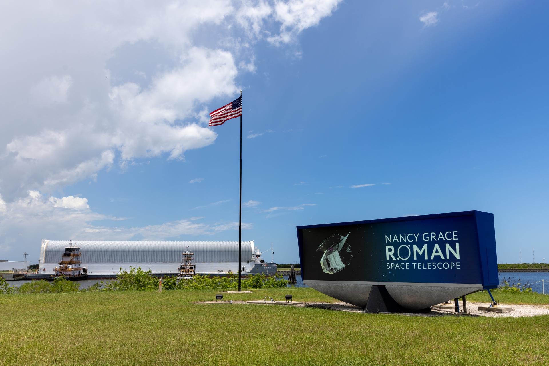 NASA’s Pegasus barge arrives at the Launch Complex 39 turn basin at the agency’s Kennedy Space Center in Florida carrying NASA’s Nancy Grace Roman Space Telescope on Sunday, June 21, 2026.